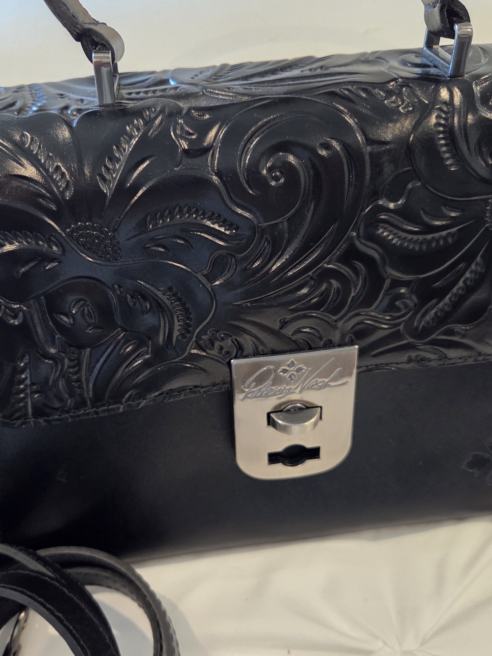 Leather Rose Tooled Black Shoulder Bag by Patricia Nash
